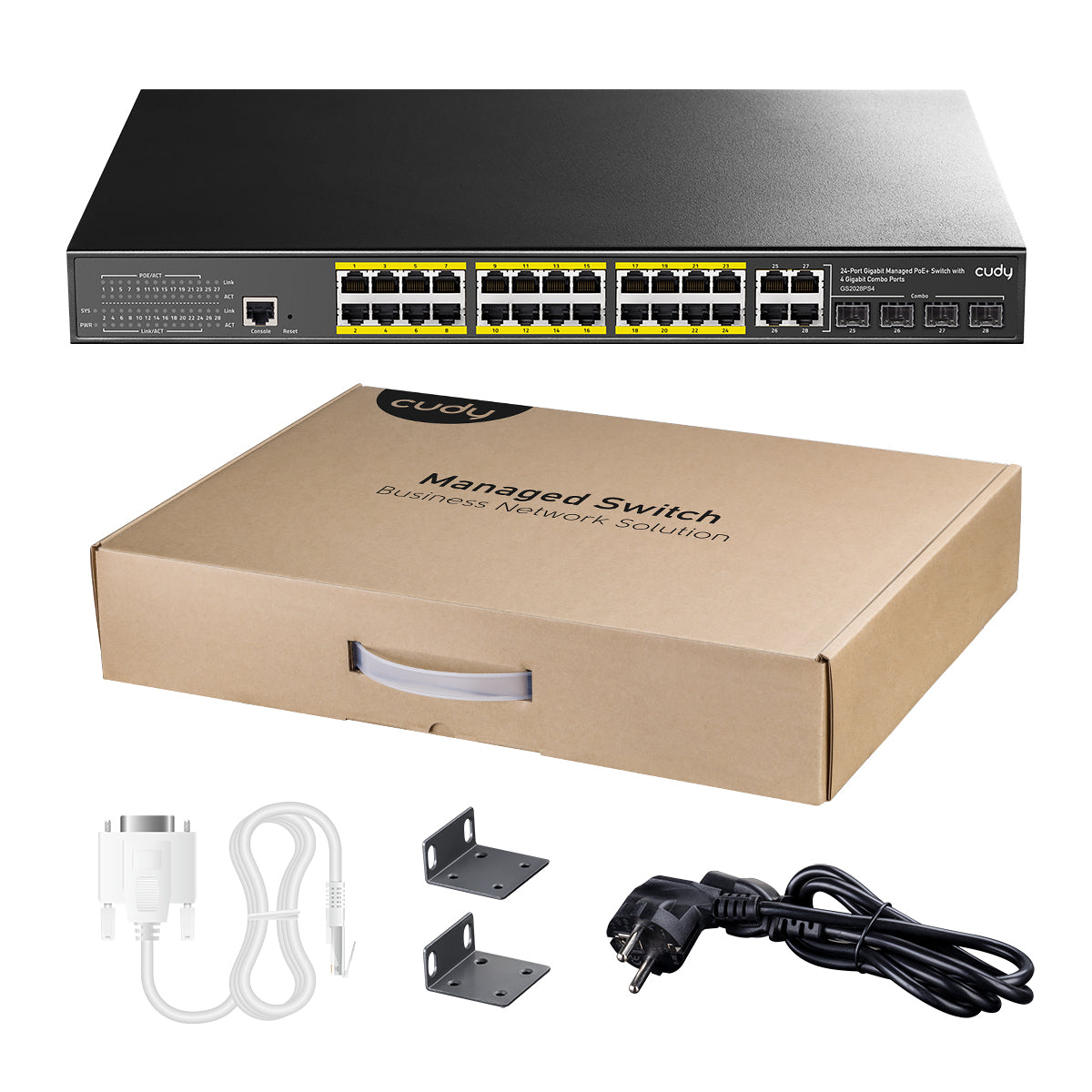 24-GbE-PoE-L2-verwalteter Switch mit 4 Gigabit-Combo-Ports, GS2028PS4 1.0